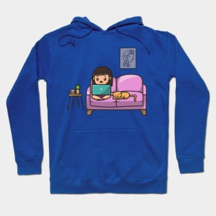 Cute Girl Working On Laptop With Cat Cartoon Hoodie